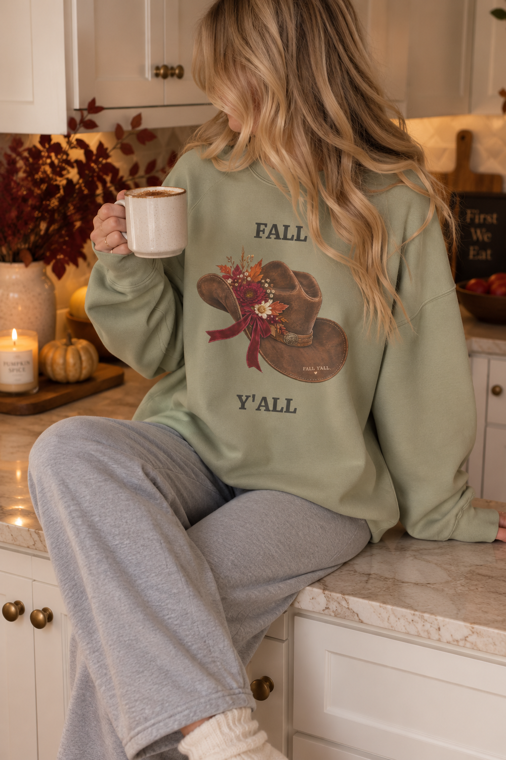Vintage Cowboy Hat "Fall Y'all" Autumn Crewneck Sweatshirt