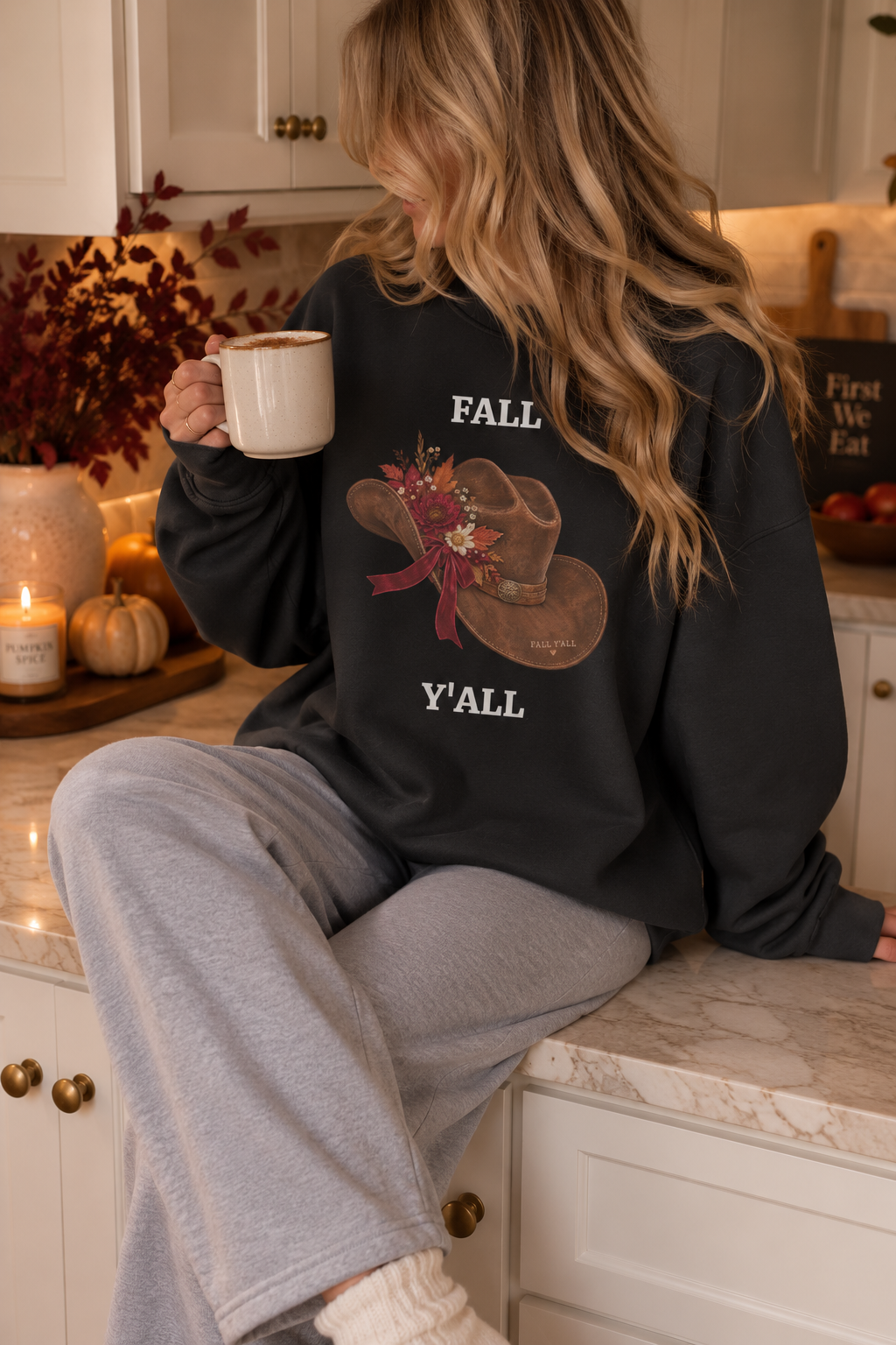 Vintage Cowboy Hat "Fall Y'all" Autumn Crewneck Sweatshirt