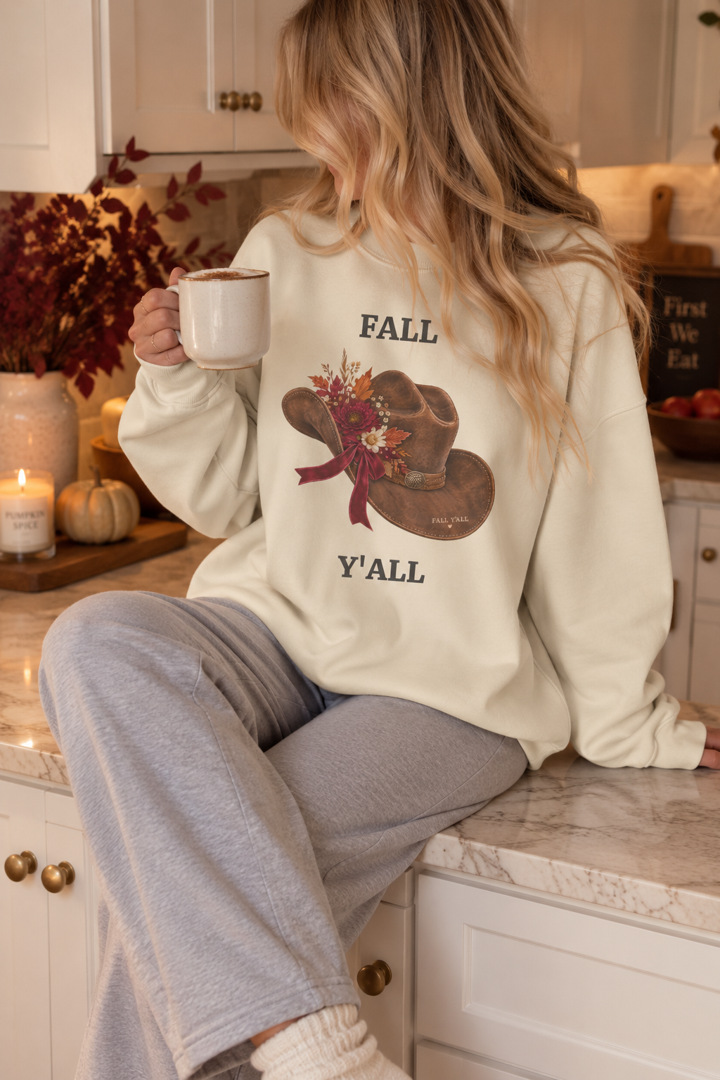Vintage Cowboy Hat "Fall Y'all" Autumn Crewneck Sweatshirt
