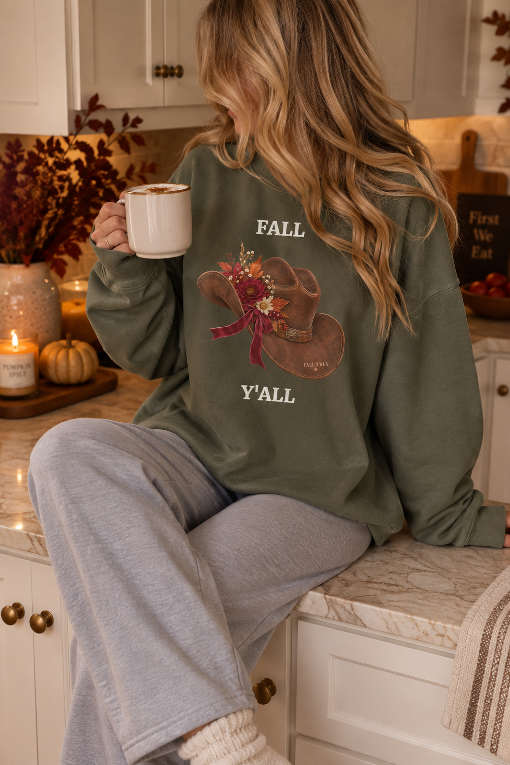 Vintage Cowboy Hat "Fall Y'all" Autumn Crewneck Sweatshirt