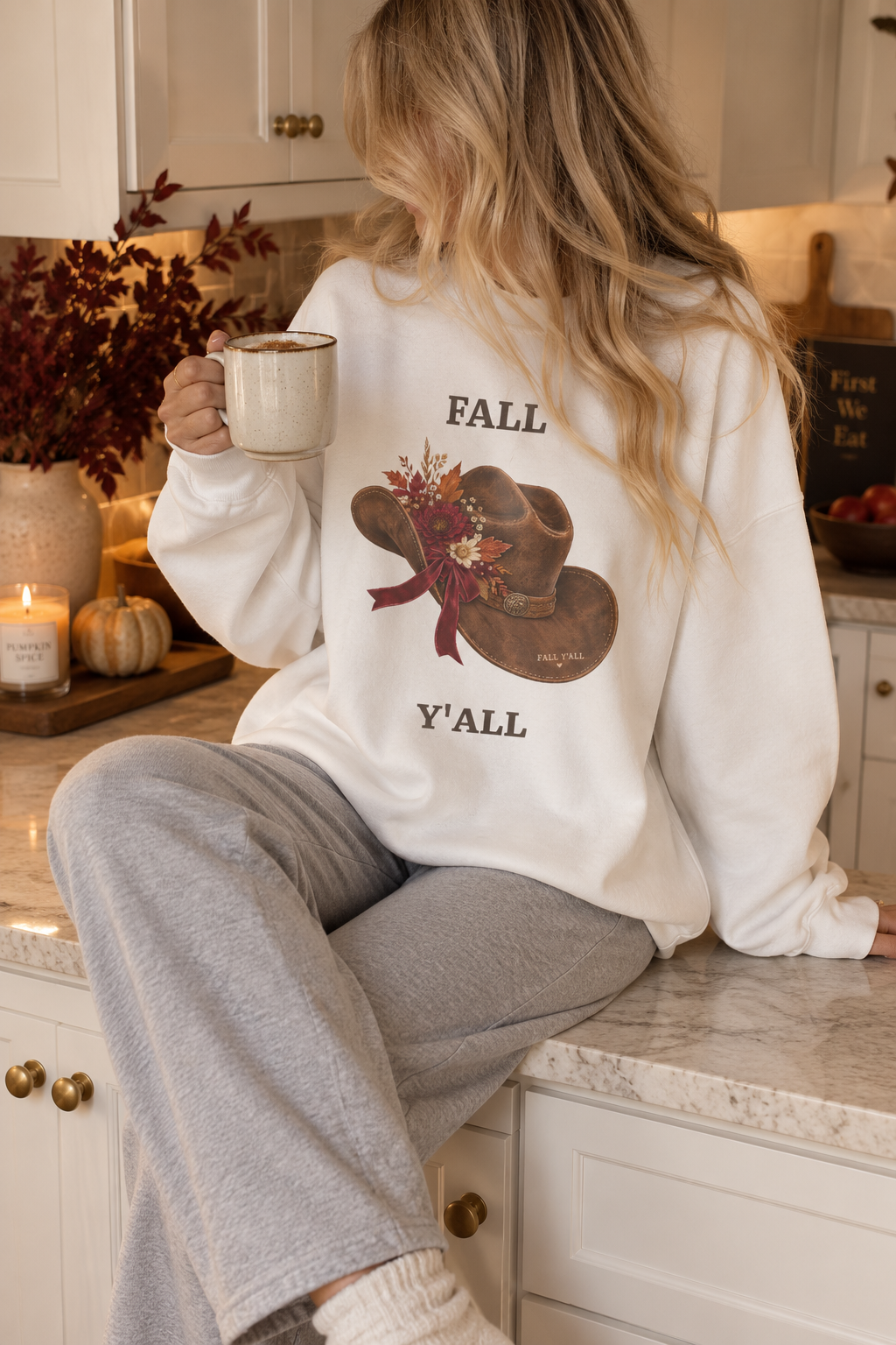 Vintage Cowboy Hat "Fall Y'all" Autumn Crewneck Sweatshirt